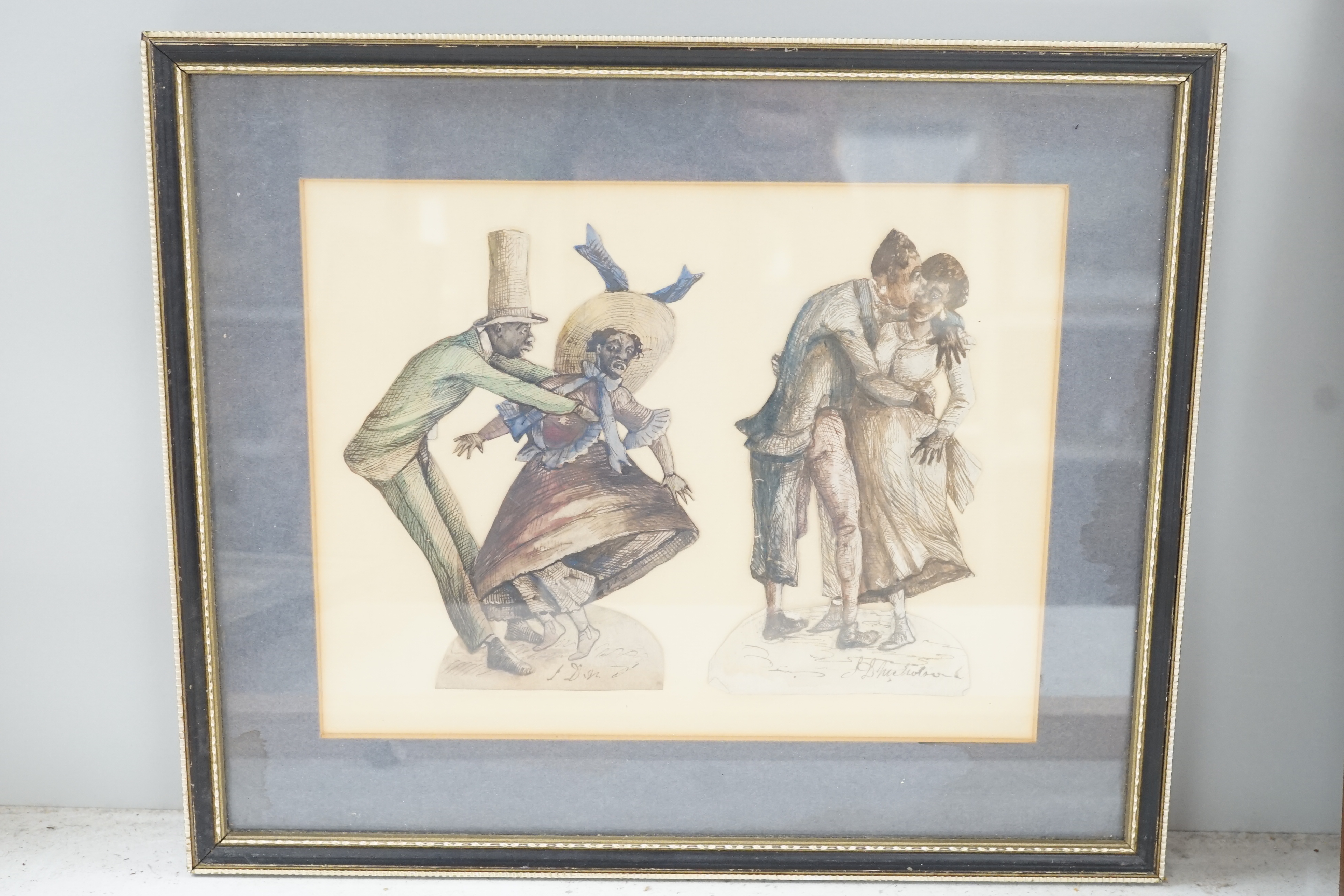 J.D. Nichols (19th C.), four ink and watercolour cut-out studies of musicians and dancers, signed and initialled, largest 17 x 22cm